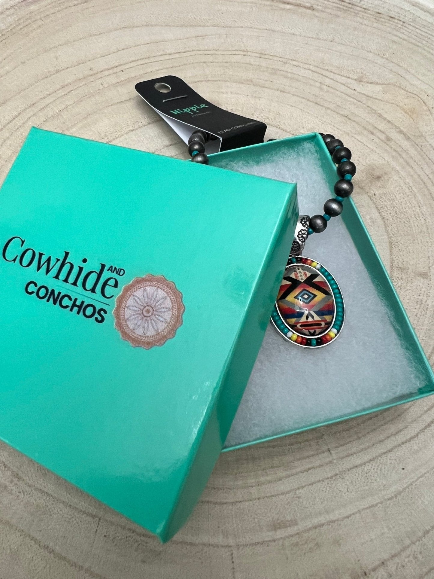 Western Aztec Pendant Stretch Bracelet — Seed Bead, Faux Pearl & Turquoise Accents