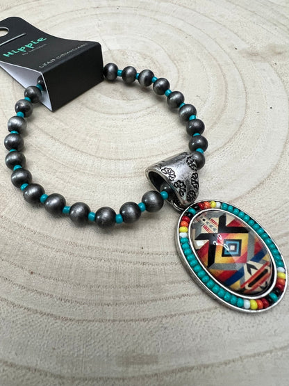 Western Aztec Pendant Stretch Bracelet — Seed Bead, Faux Pearl & Turquoise Accents
