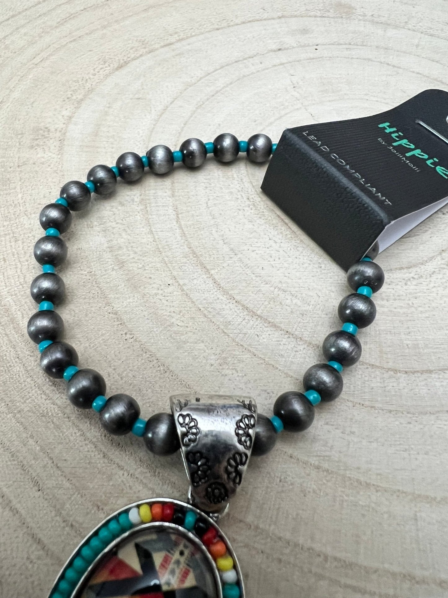 Western Aztec Pendant Stretch Bracelet — Seed Bead, Faux Pearl & Turquoise Accents