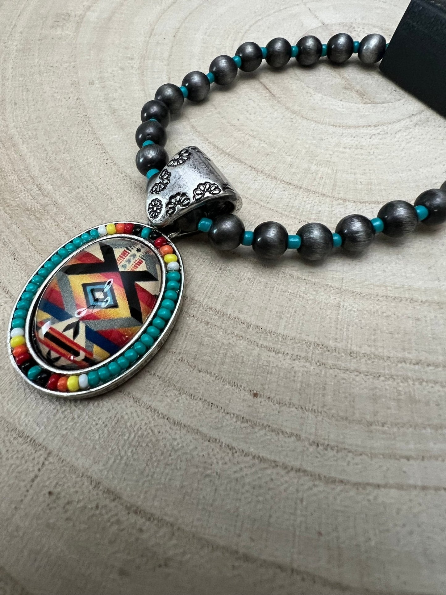 Western Aztec Pendant Stretch Bracelet — Seed Bead, Faux Pearl & Turquoise Accents