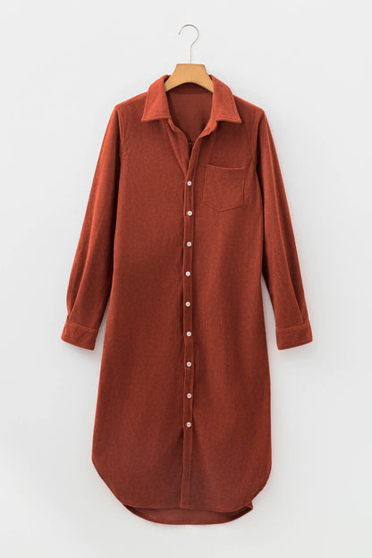 Solid Corduroy Button Front Long Sleeve Midi Dress