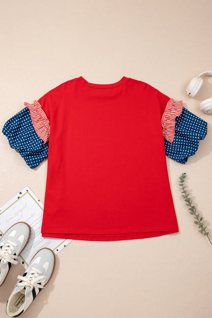 Plus Size Stars & Stripe Patchwork Puff Sleeve Top