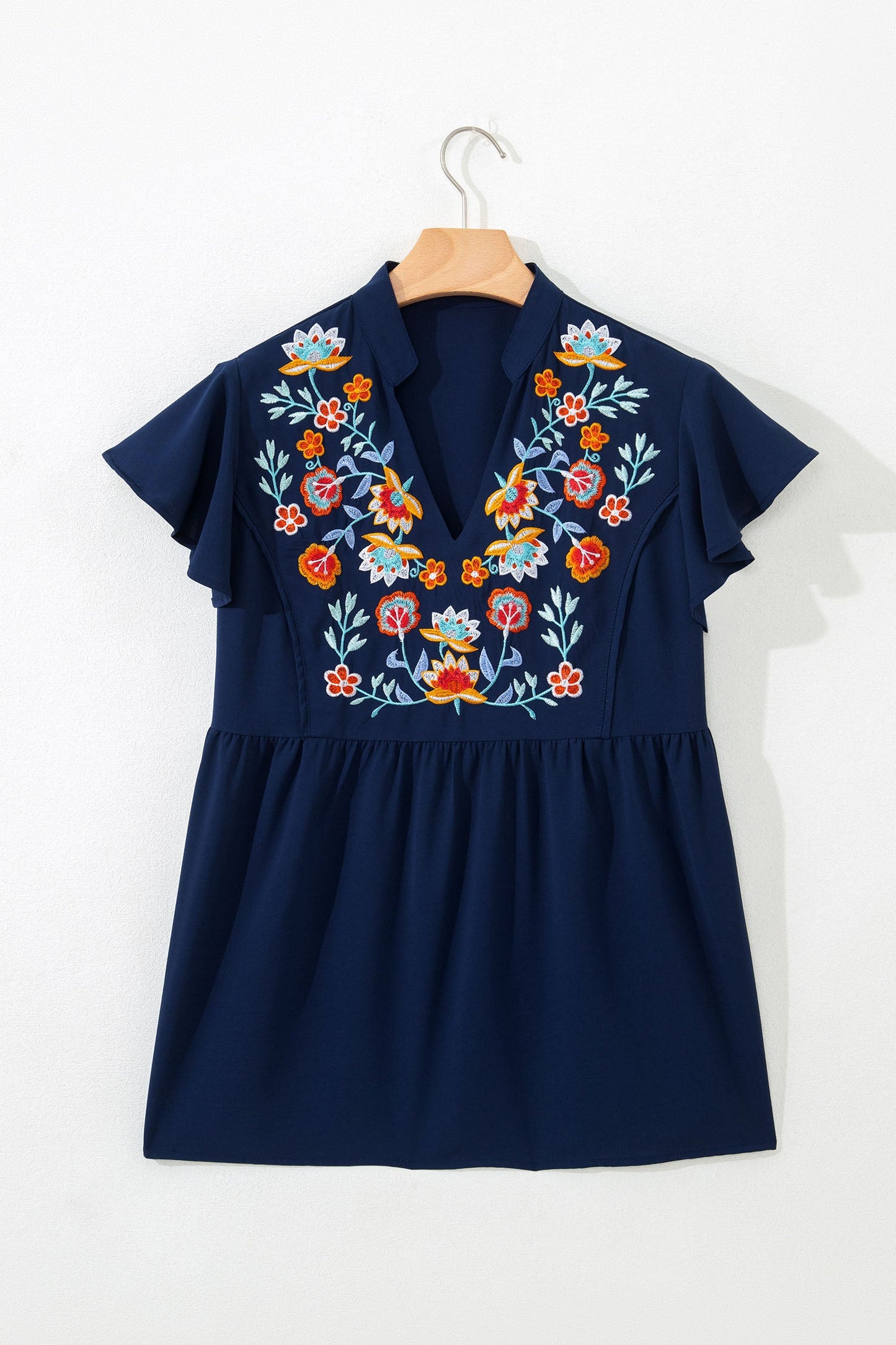Floral Embroidered V-Neck Ruffle Sleeve Babydoll Blouse