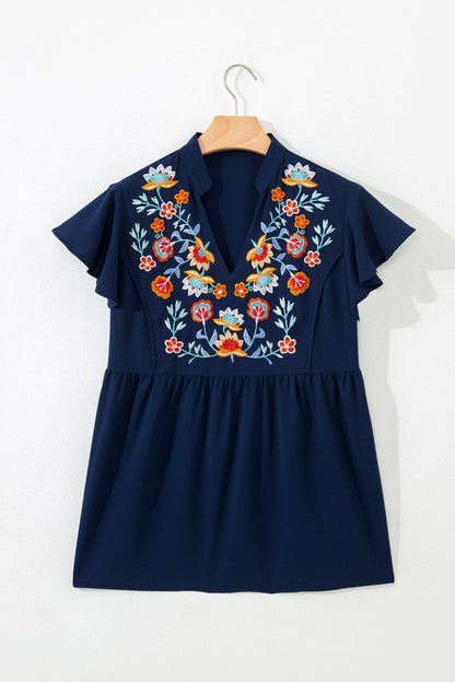 Floral Embroidered V-Neck Ruffle Sleeve Babydoll Blouse