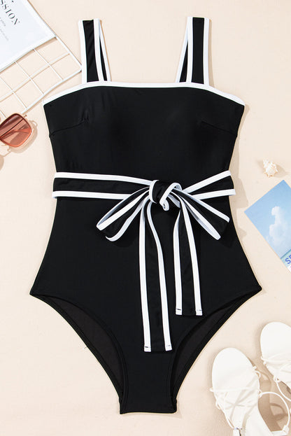 Colorblock Contrast Trim Belted One Piece Swimsuit