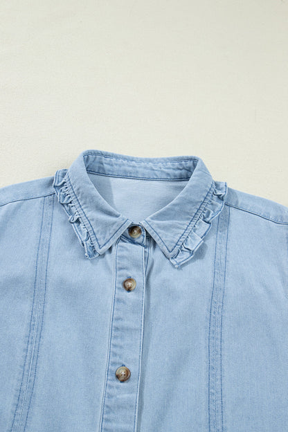 Denim Ruffle Edge Collared Button Up Dress