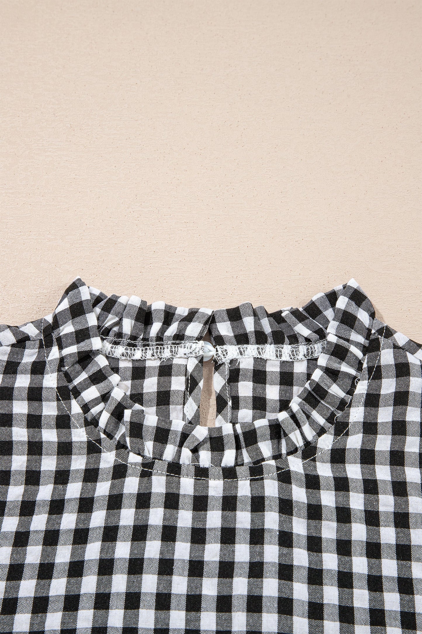 Gingham Plaid Puff Sleeve Frilled Neck Blouse