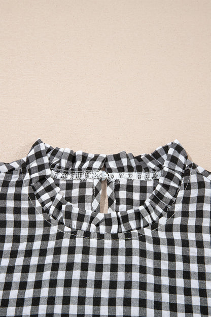 Gingham Plaid Puff Sleeve Frilled Neck Blouse