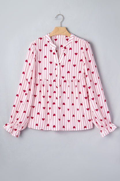 Stripe Textured Heart Flounce Sleeve Shirt
