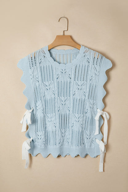 Pointelle Knit Scallop Trim Short Sleeve Sweater