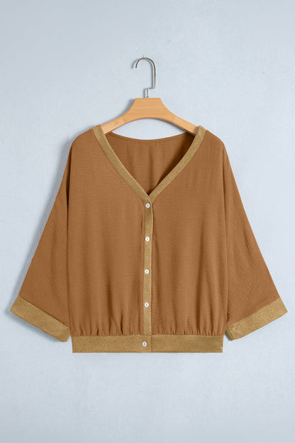 Metallic Trim 3/4 Sleeve Buttoned V-Neck Blouse