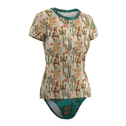Brewster County Cowboy Turquoise Leather Print Short Sleeve Two Piece Bikini Swimsuit