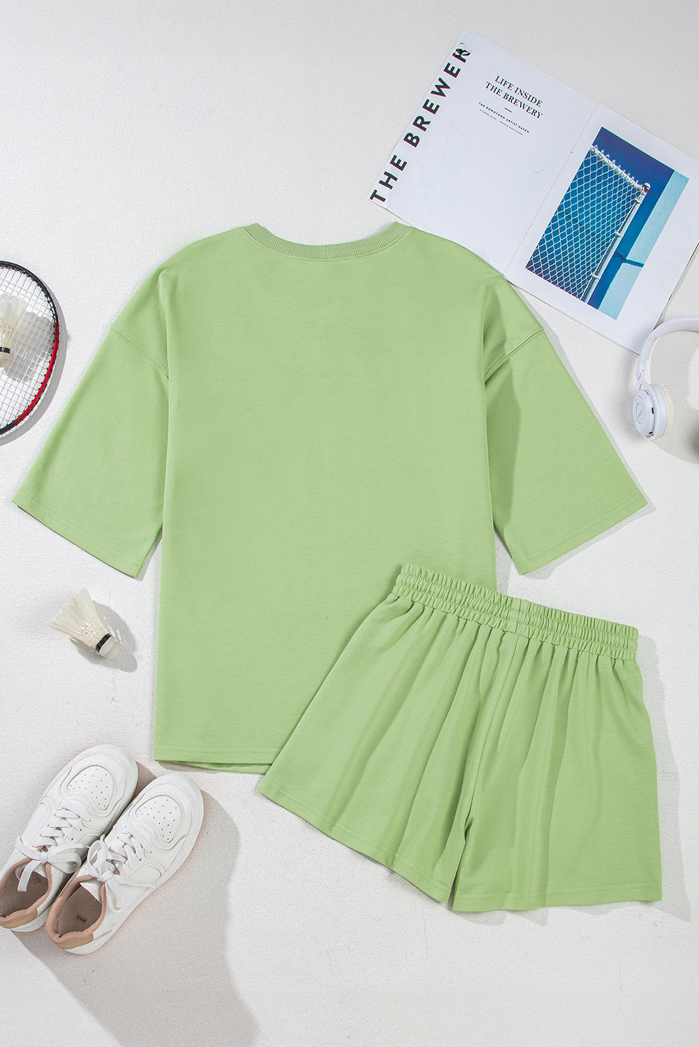 Solid Loose V-Neck Tee & Drawstring Shorts Set