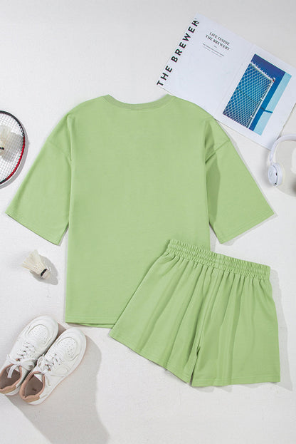 Solid Loose V-Neck Tee & Drawstring Shorts Set
