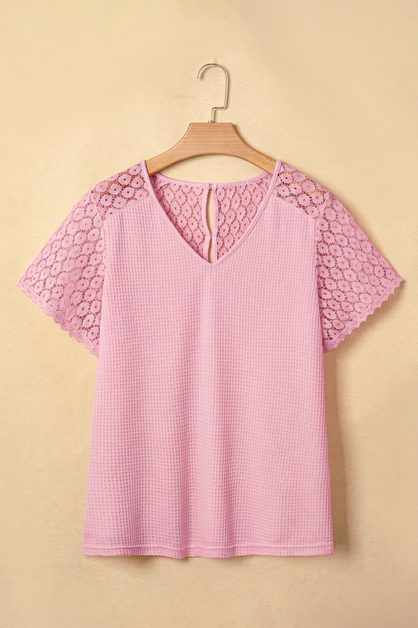 Lace Patchwork Buttoned Cutout Waffle Knit Blouse