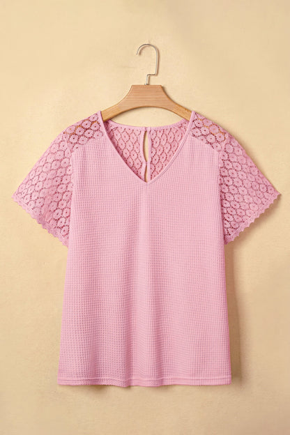 Lace Patchwork Buttoned Cutout Waffle Knit Blouse