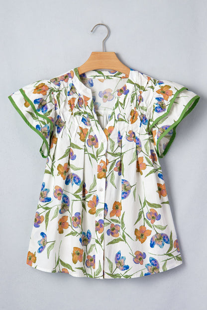 Floral Ruffle Sleeve Pleated Button Up V-Neck Blouse