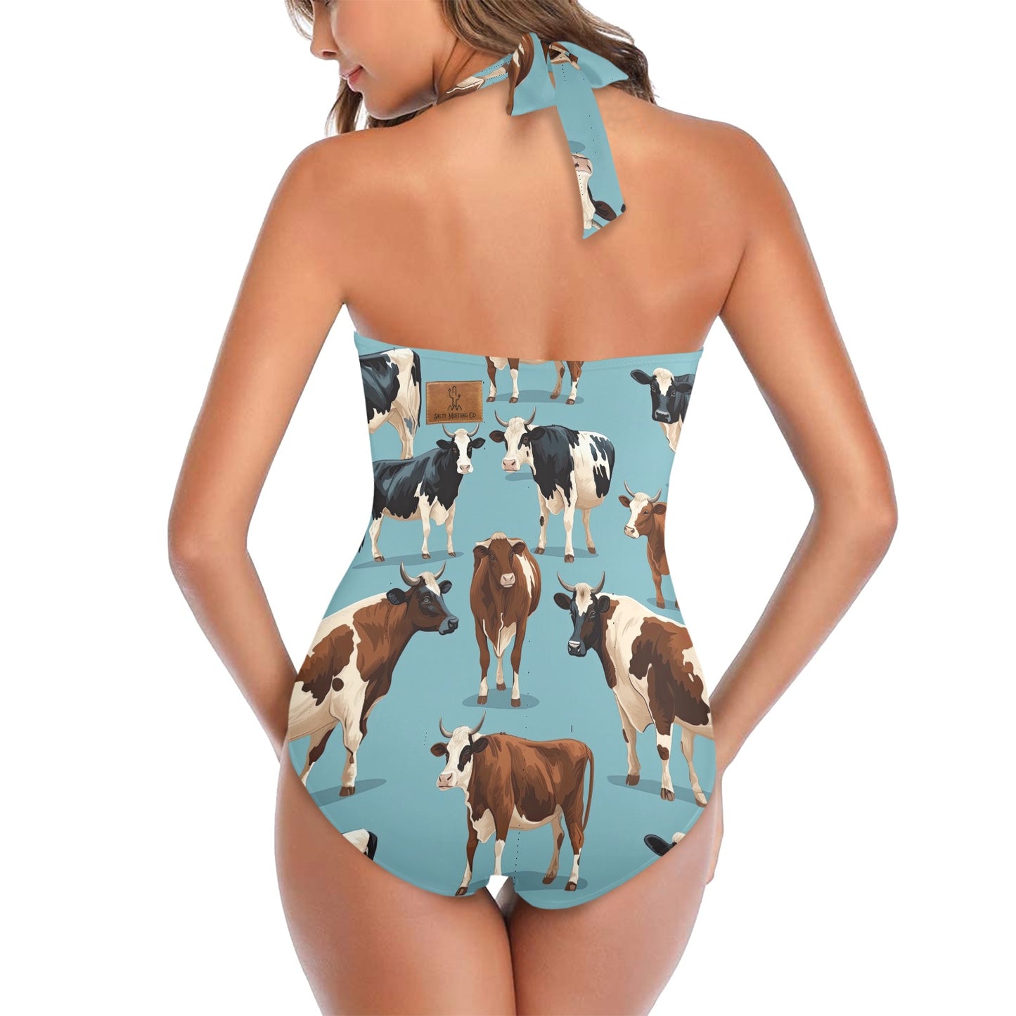 Cows In The Wild Blue Yonder Halter Neck Swimsuit
