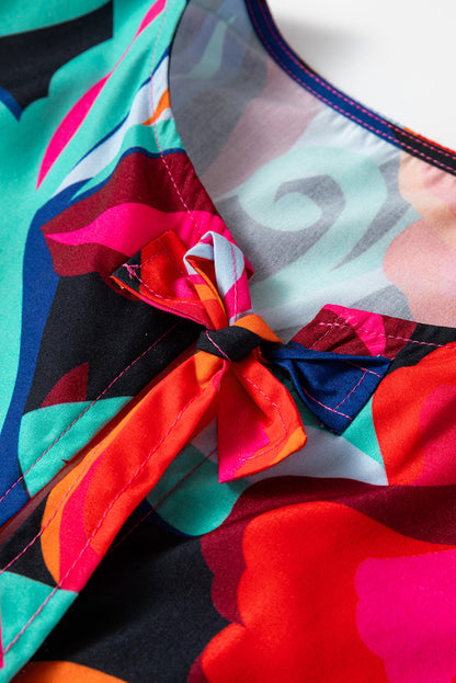 Floral Abstract Front Tie Puff Sleeve Blouse