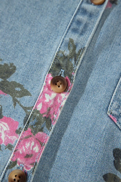 Floral Denim Raw Seam Ruffle Hem Jacket