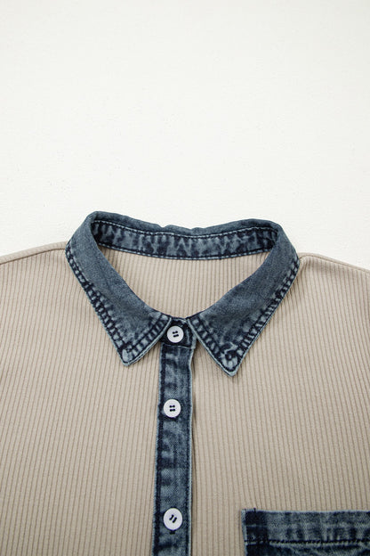 Denim Patchwork Ribbed Knit Polo Collar Dress