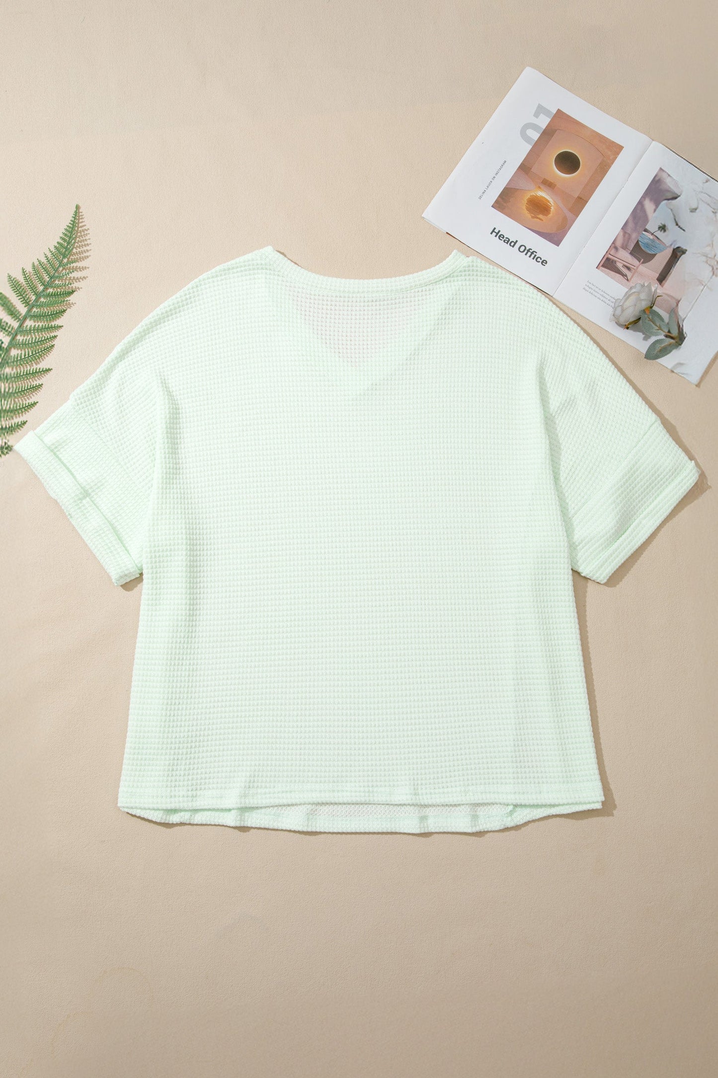 Plus Size Solid Waffle Knit V-Neck Short Sleeve Top
