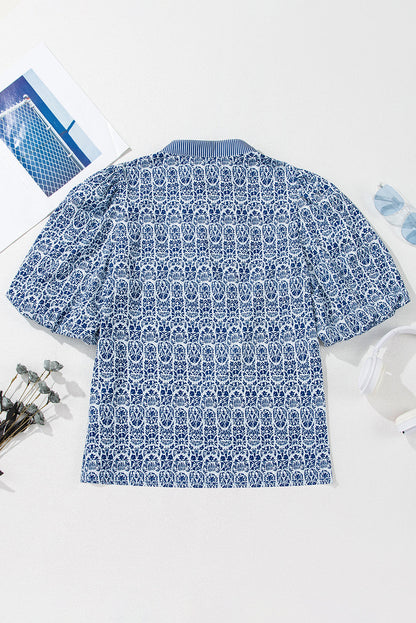 Floral Stripe Contrast Ric-Rac Puff Sleeve Top