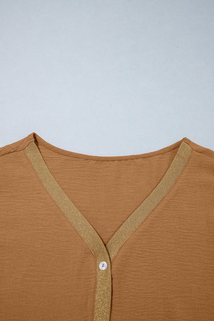 Metallic Trim 3/4 Sleeve Buttoned V-Neck Blouse