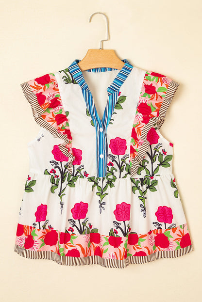 Floral Tie-Neck Stripe Detail Flutter Sleeve Blouse