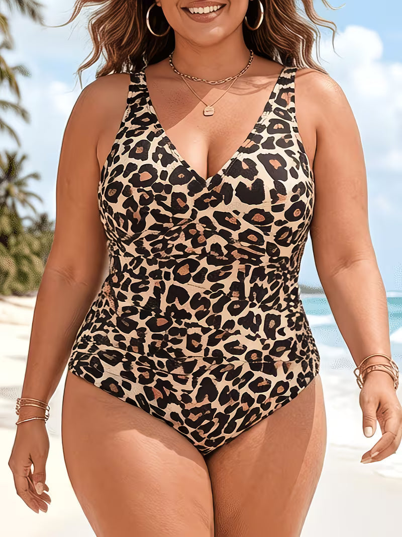 Women's Plus Size Leopard Print One-Piece Swimsuit | Vintage V-Neck Tummy Control Monokini