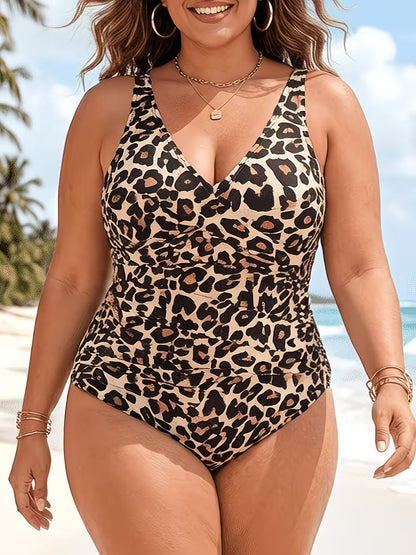 Women's Plus Size Leopard Print One-Piece Swimsuit | Vintage V-Neck Tummy Control Monokini