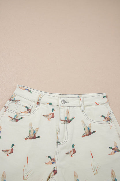 Mallard Duck Denim High Waist Frayed Shorts