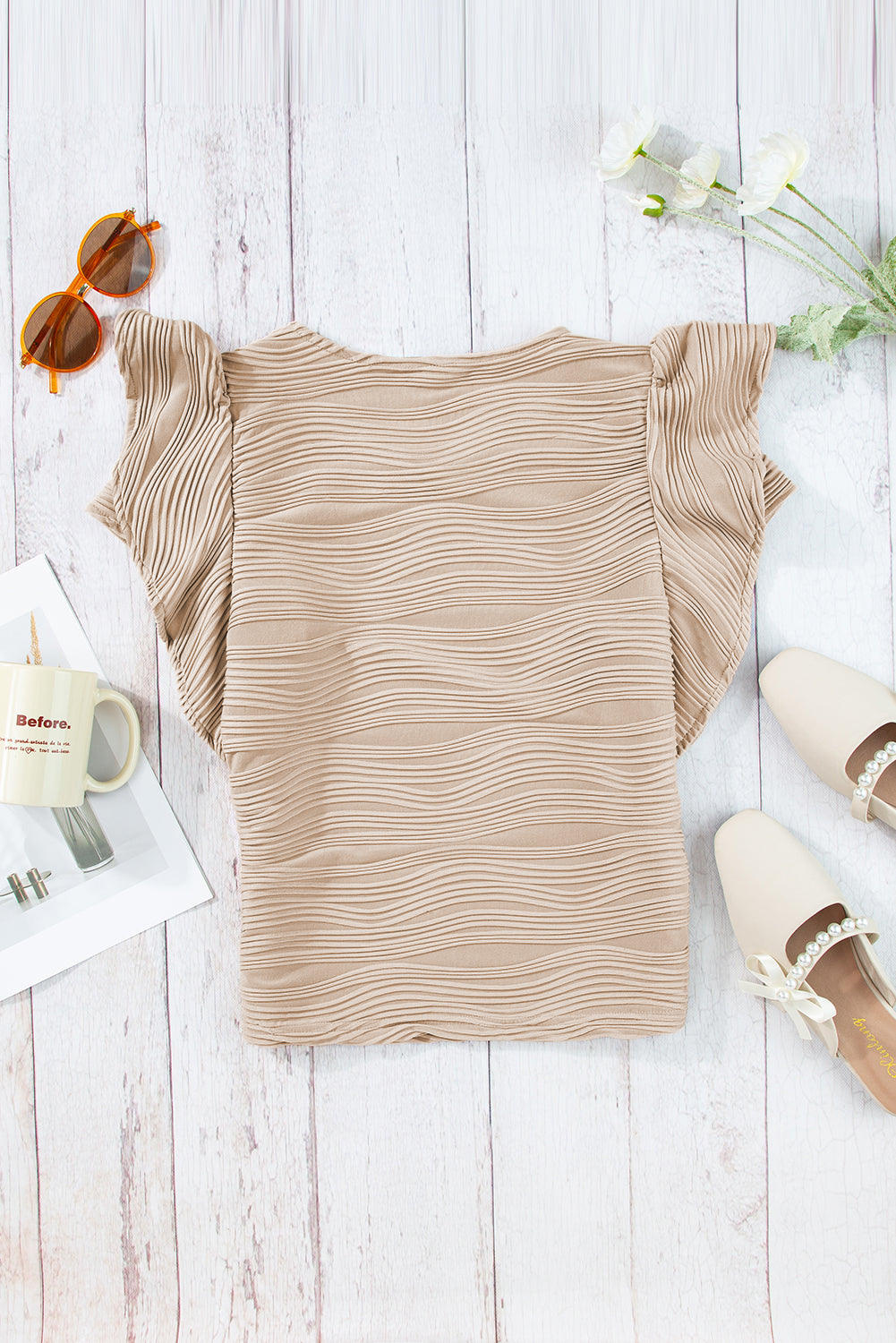 Wavy Textured Ruffle Short Sleeve Top