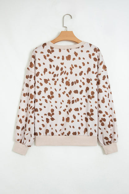 Leopard Ribbed Trim Drop Shoulder Long Sleeve Sweatshirt