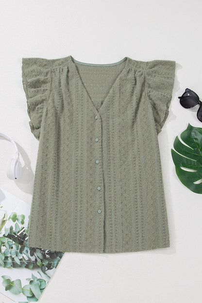Lace Textured Flutter Sleeve Buttoned V-Neck Shirt