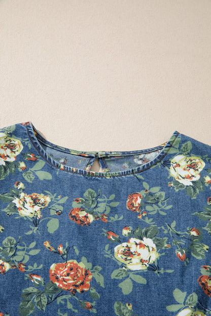 Floral Denim Ruffle Short Sleeve Top