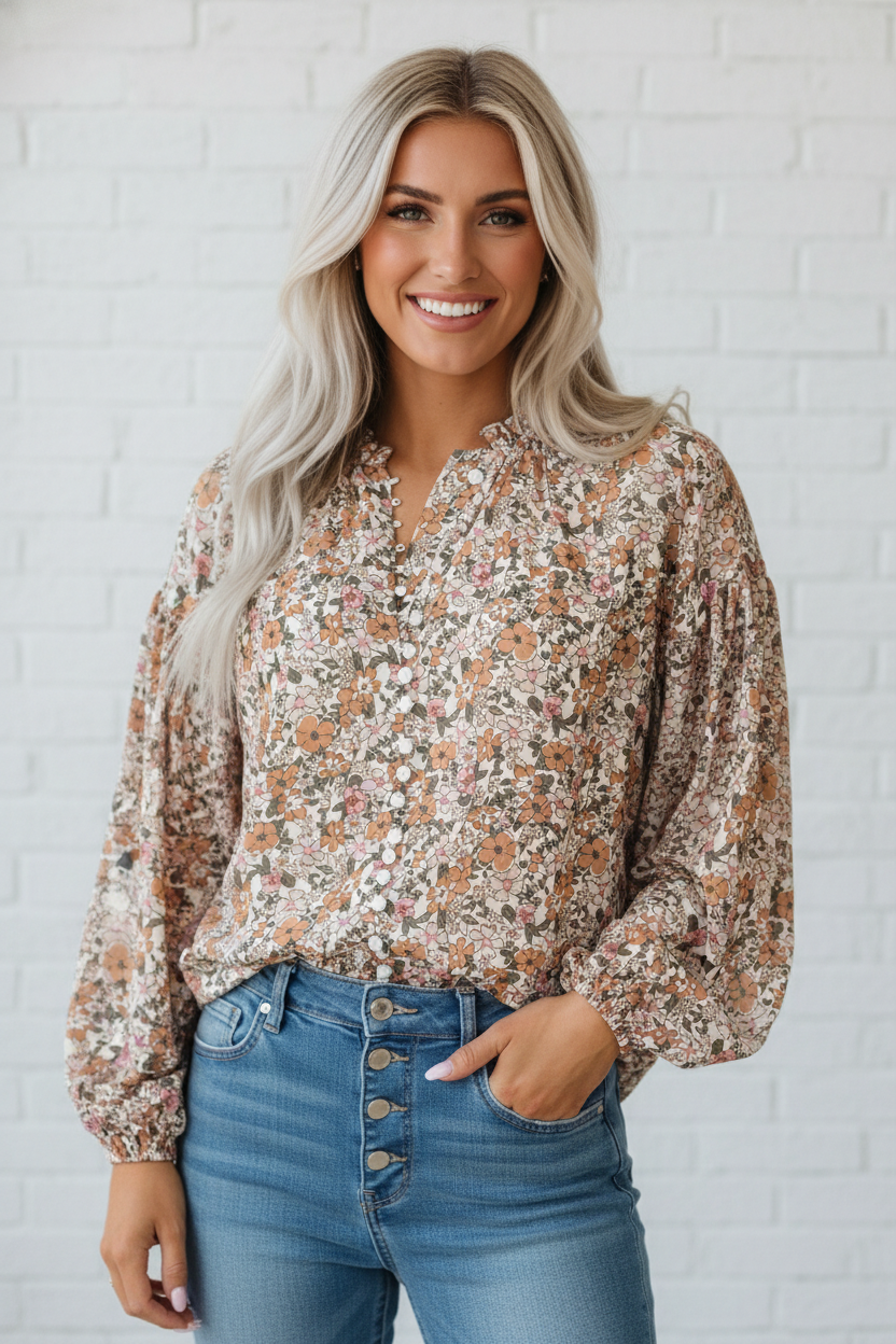 Floral Boho Long Puff Sleeve Buttoned Shirt