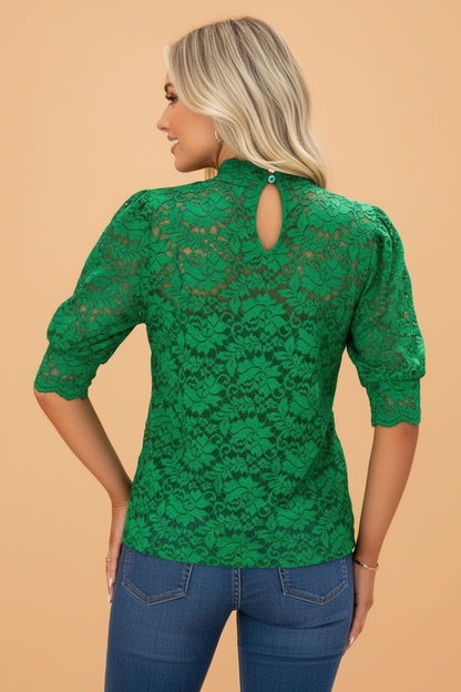 Solid Lace High Neck Short Sleeve Blouse