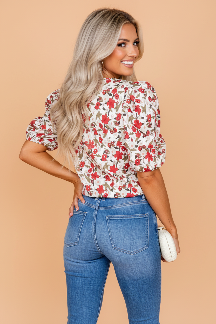 Floral Short Puff Sleeve Button Front Shirt