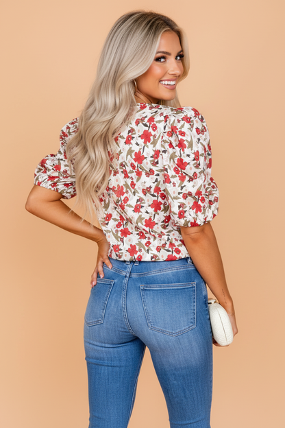Floral Short Puff Sleeve Button Front Shirt