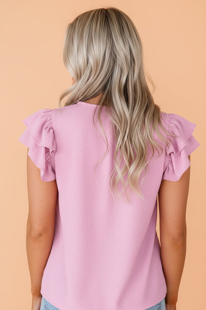 Solid Textured V-Neck Ruffle Sleeve Tank Top