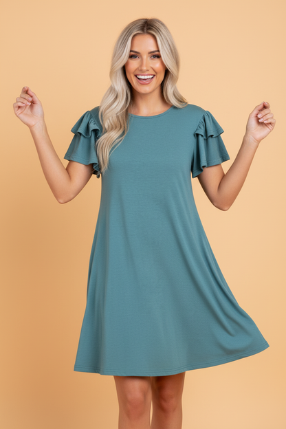 Solid Round Neck Double Ruffle Sleeve Dress