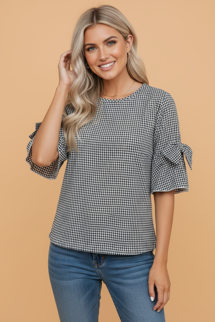 Gingham Plaid Bow Ruffle 3/4 Sleeve Blouse