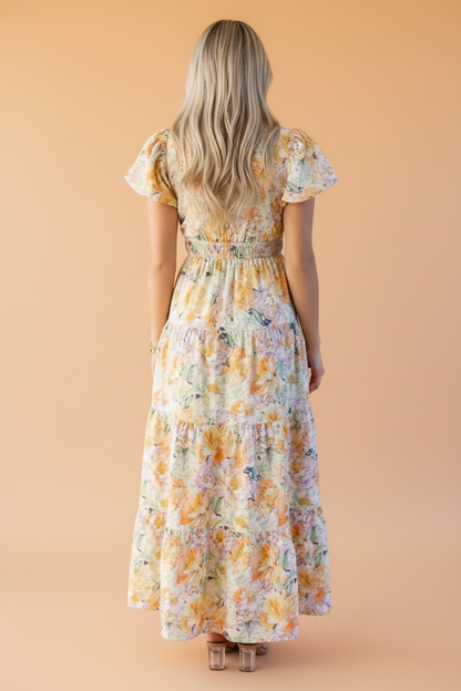 Floral Bubble Sleeve V-Neck Flared Maxi Dress