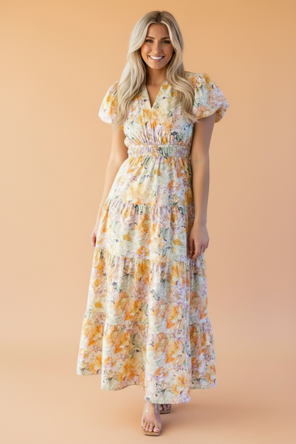 Floral Bubble Sleeve V-Neck Flared Maxi Dress