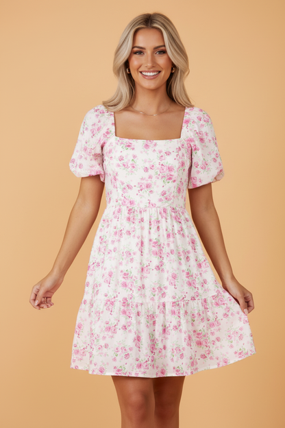 Floral Square Neck Bow Tie Back Mini Dress