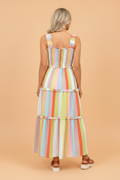Stripe Shirred Ruffle Tiered Maxi Dress