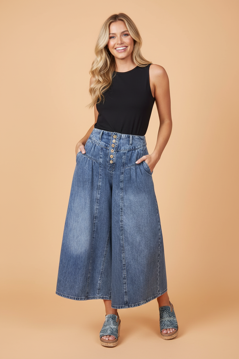 Denim Pleated High Rise Cropped Wide Leg Pants
