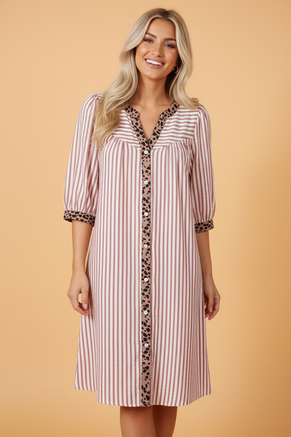 Stripe Leopard Trim 3/4 Sleeve Shirt Dress