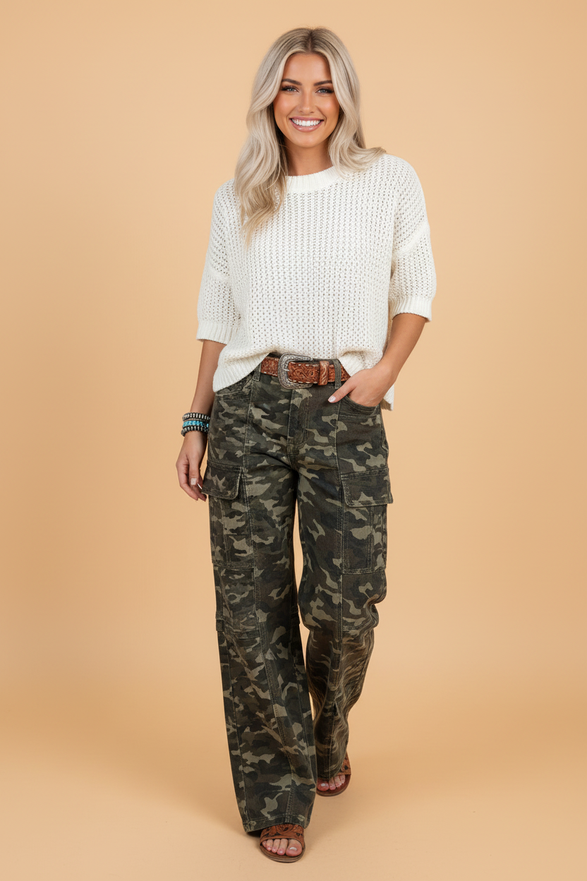 Camo Denim Cargo Pocket Wide Leg Pants